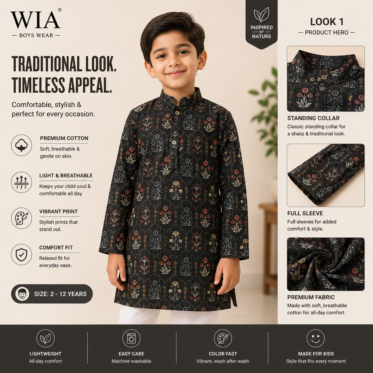 Boys Black Floral Printed Cotton Kurta | Full Sleeve | Standing Collar | Ethnic Wear