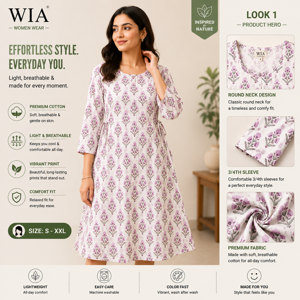 Women's White Floral Cotton A-Line Dress | 3/4 Sleeve | Round Neck | Side Tie-Up