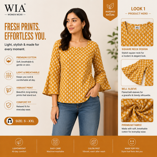 Women's Printed Cotton Bell Sleeve Top