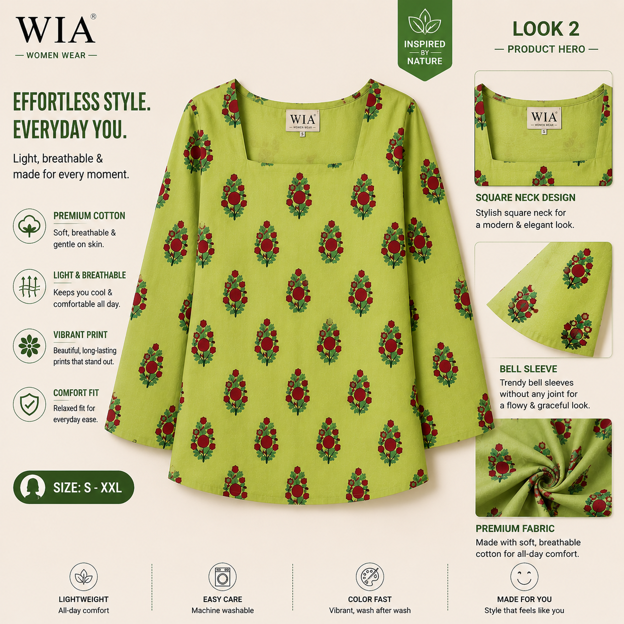 Women's Printed Cotton Bell Sleeve Top
