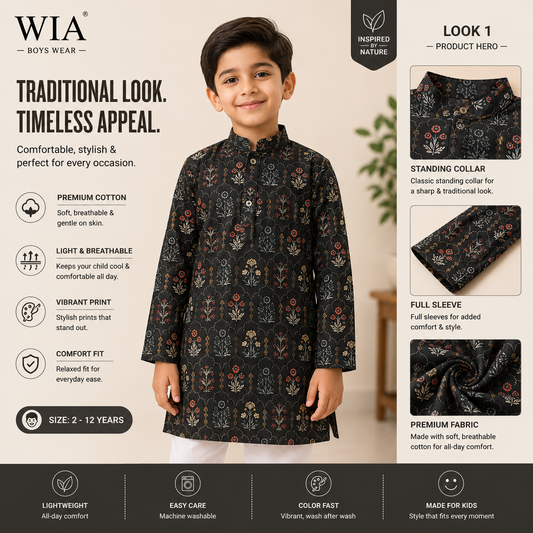 Boys Black Floral Printed Cotton Kurta | Full Sleeve | Standing Collar | Ethnic Wear