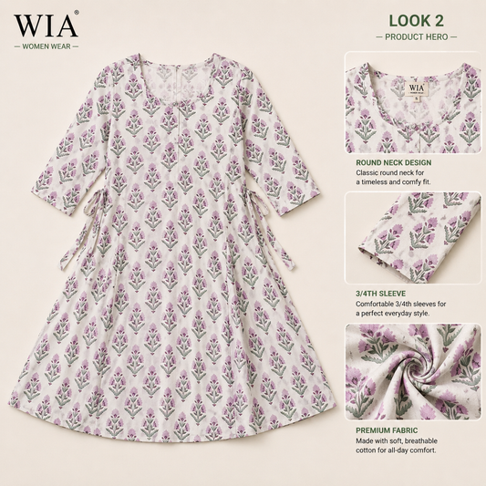 Women's White Floral Cotton A-Line Dress | 3/4 Sleeve | Round Neck | Side Tie-Up