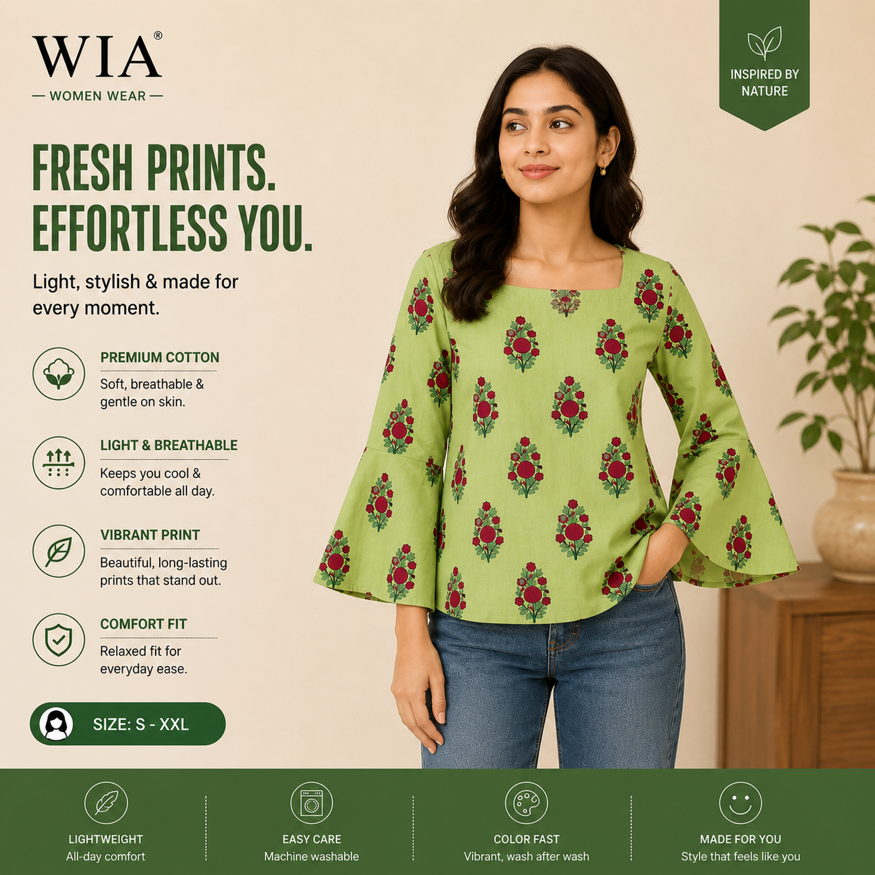 Women's Printed Cotton Bell Sleeve Top
