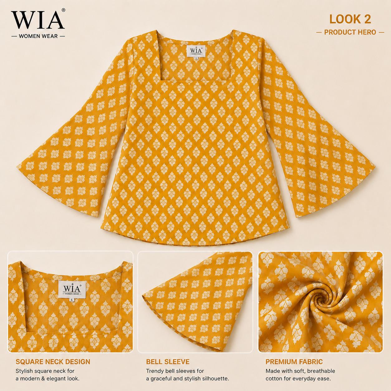 Women's Printed Cotton Bell Sleeve Top