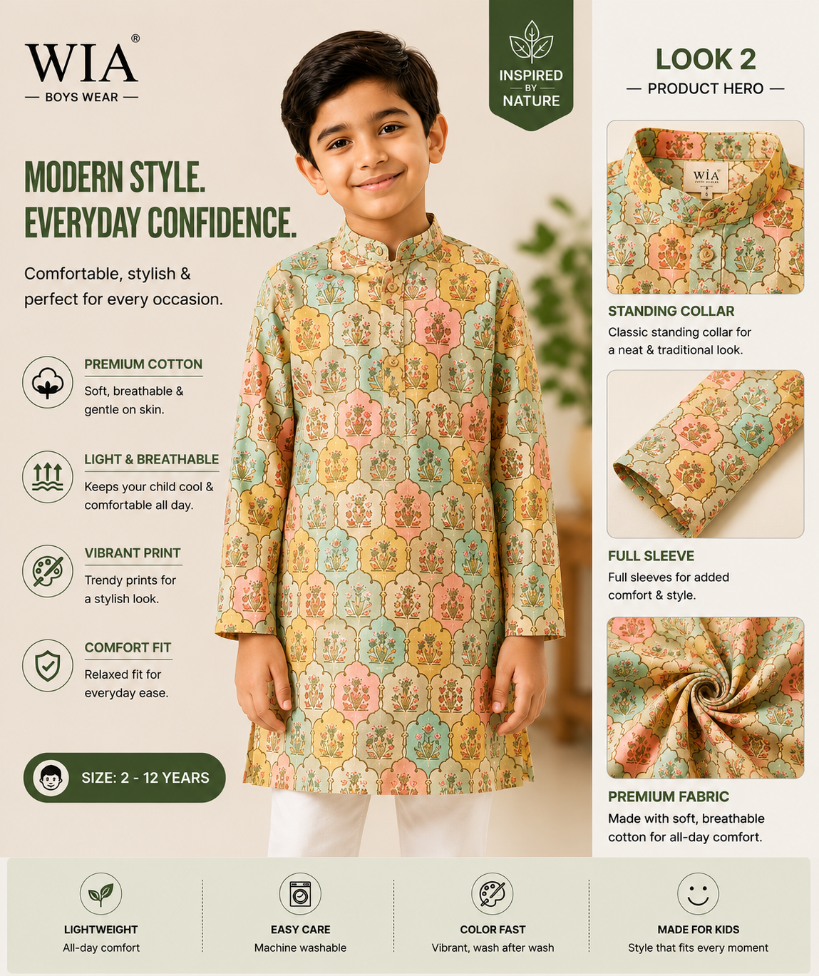Boys Floral Printed Cotton Kurta | Full Sleeve | Standing Collar | Ethnic Wear