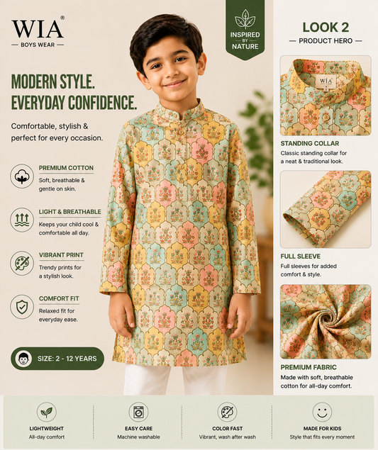 Boys Floral Printed Cotton Kurta | Full Sleeve | Standing Collar | Ethnic Wear