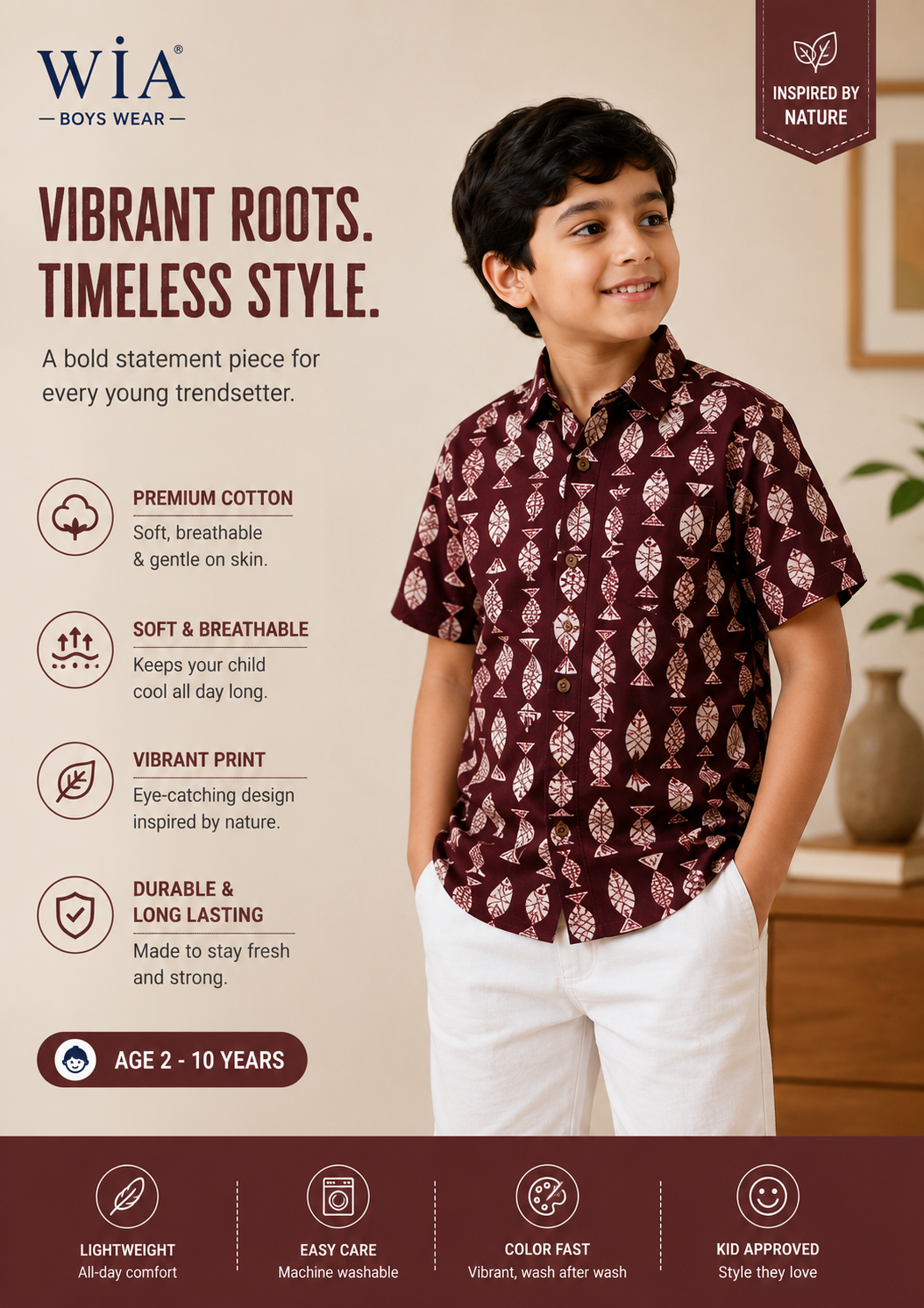 Boys Premium Cotton Printed Shirt | Maroon |