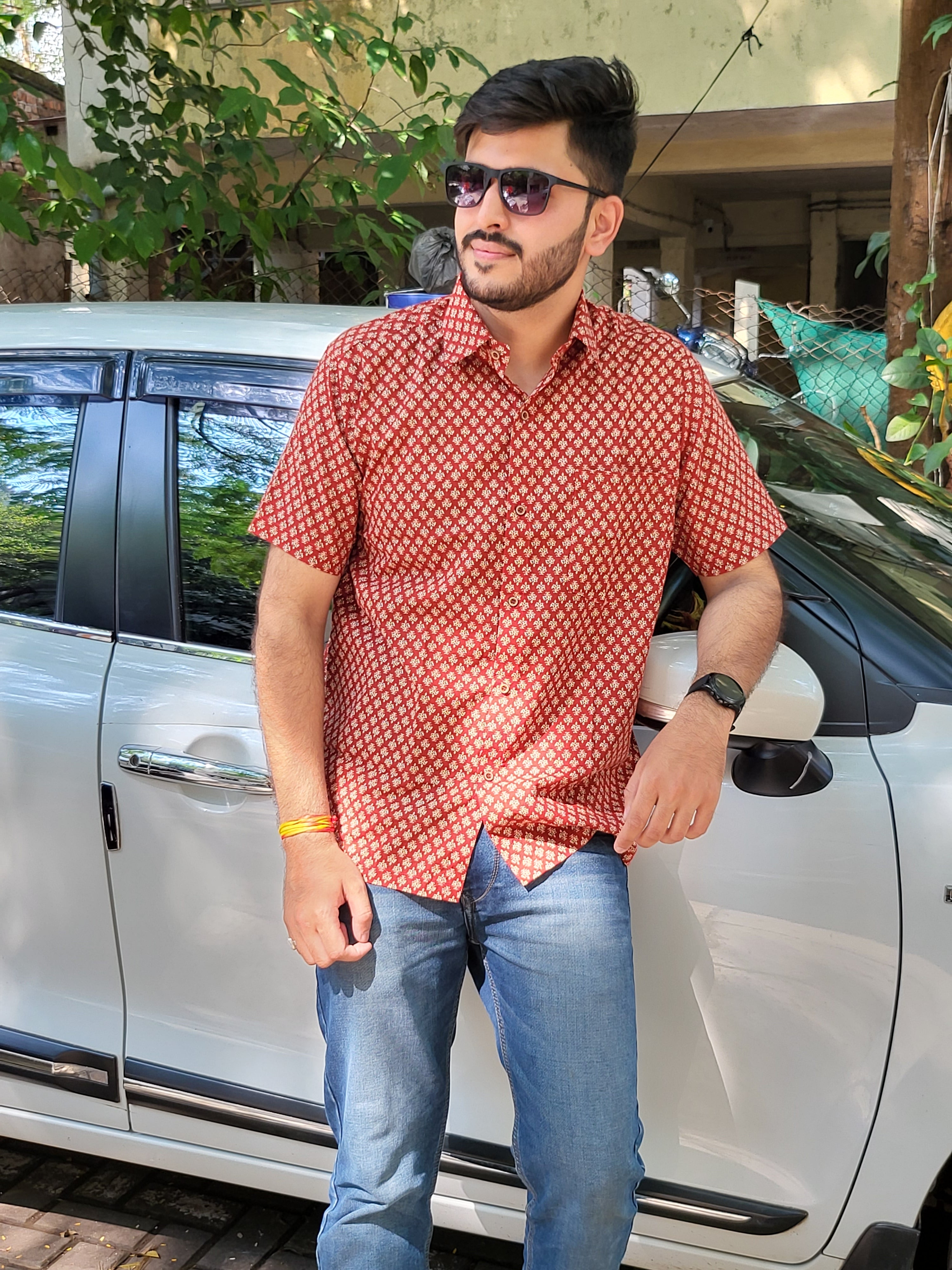 Red half sleeves men's shirt